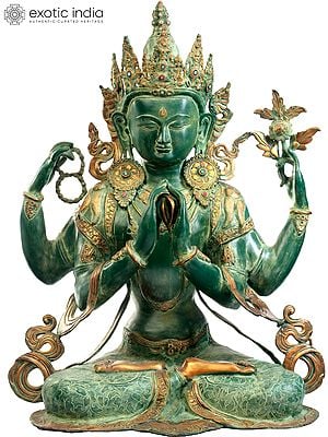 31" Tibetan Buddhist Deity Large Size Shadakshari Lokeshvara (Chenrezig) In Brass | Handmade | Made In India