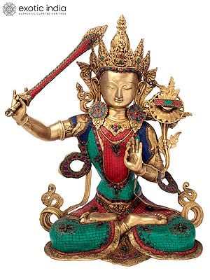 32" Large Manjushri Brass Idol - Bodhisattva of Transcendent Wisdom | Tibetan Buddhist Deity Statue