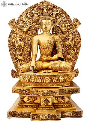 34" Large Size - Lord Buddha Seated on Six-Ornament throne of Enlightenment (Tibetan Buddhist) in Brass