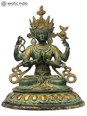 18" Tibetan Buddhist Deity Chenrezig (Four-Armed Avalokiteshvara) In Brass | Handmade | Made In India