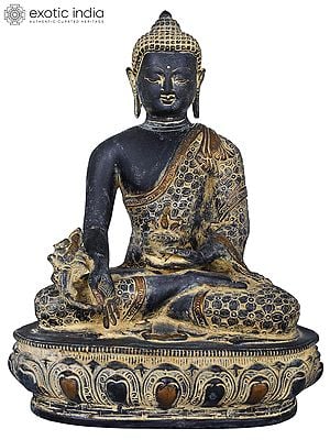 13" Medicine Buddha Idol Robe Decorated with Vishwa Vajra | Handmade Brass Statue