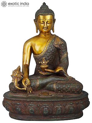 13" Medicine Buddha Idol Robe Decorated with Vishwa Vajra | Handmade Brass Statue