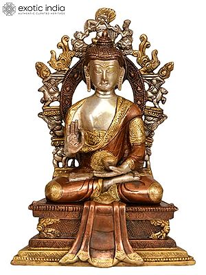 Lord Buddha Seated on Six-ornament Throne of Enlightenment In Brass | Handmade | Made In India