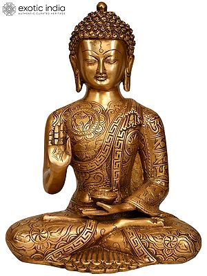 12" Buddha, His Hand In Vitark Mudra, Auspicious Symbols/Mantras On The Robe In Brass | Handmade | Made In India