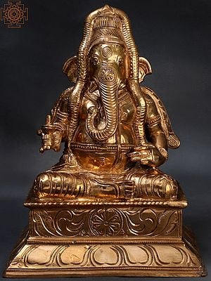 9" Ganesha Wearing a Long South Indian Garland, Shivalinga In His Hand Panchaloha Bronze