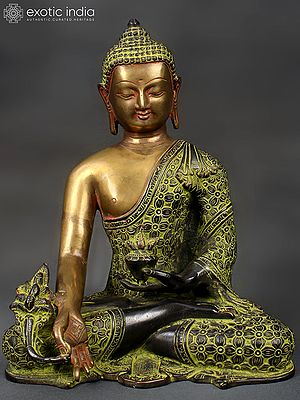 10" Seated Bhaishajyaguru Brass Statue with Myrobalan - Spiritual Healing Decor for Your Home