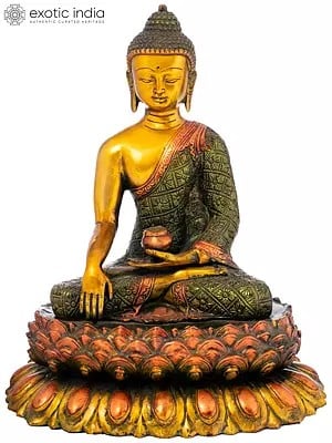 11" Tibetan Buddhist Lord Buddha Seated On Double Lotus Pedestal In Brass | Handmade | Made In India