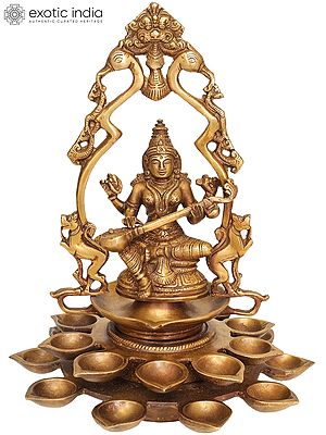 12" Goddess Saraswati with Multiple Diyas in Brass | Handmade | Made in India