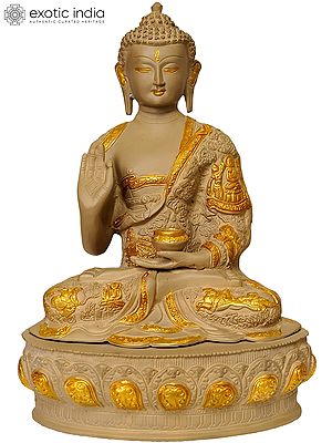 14" Tibetan Buddha In Terracotta Finish, Robes Embossed With Scenes From His Life In Brass | Handmade | Made In India