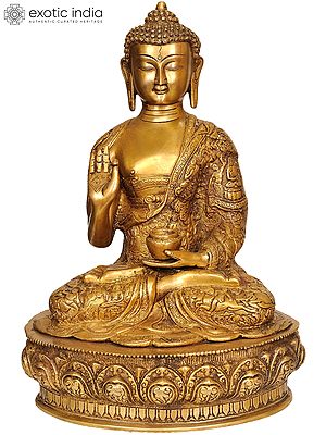 14" Tibetan Buddha In Terracotta Finish, Robes Embossed With Scenes From His Life In Brass | Handmade | Made In India