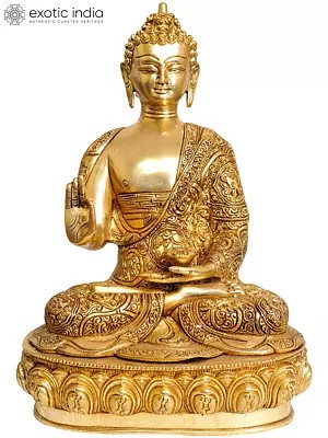 14" Tibetan Buddha In Terracotta Finish, Robes Embossed With Scenes From His Life In Brass | Handmade | Made In India