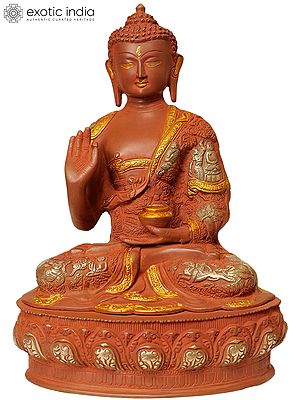 14" Tibetan Buddha In Terracotta Finish, Robes Embossed With Scenes From His Life In Brass | Handmade | Made In India