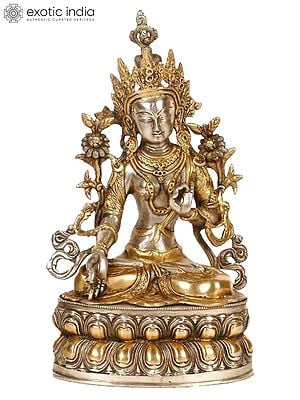 14" Buddhist Goddess White Tara Brass Sculpture – Embodiment of Compassion and Healing, Handmade in India