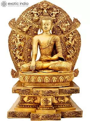 34" Handmade Buddha Bhumisparsha Mudra Brass Statue – Seated on Mystical Throne | Made in India