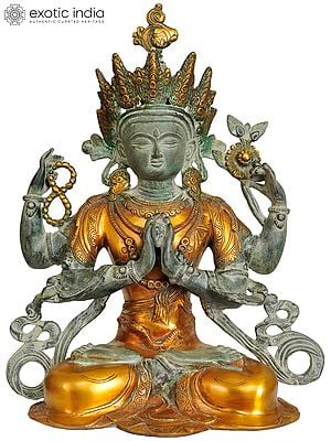 15" Tibetan Buddhist Deity Chenrezig In Brass | Handmade | Made In India