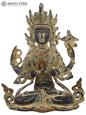 10" Four-armed Avalokiteshvara, Chenrezig In Tibetan In Brass | Handmade | Made In India
