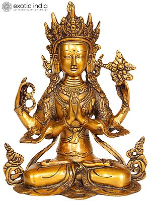 10" Four-armed Avalokiteshvara, Chenrezig In Tibetan In Brass | Handmade | Made In India