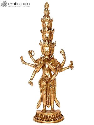 23" Eleven-Headed Eight-Armed Avalokiteshvara Brass Statue | Handmade | Made in India