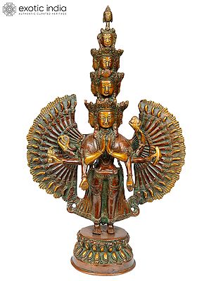 14" The Eleven Heads, The Thousand Arms of Avalokiteshvara Brass Statue | Handmade | Made in India