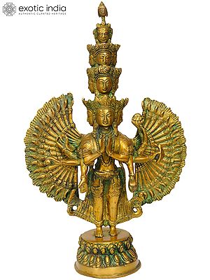 14" The Eleven Heads, The Thousand Arms of Avalokiteshvara Brass Statue | Handmade | Made in India