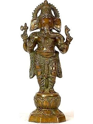 14" Standing Chaturbhuja Ganesha In Brass | Handmade | Made In India