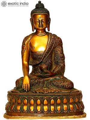 8" Buddha, His Hand In Bhumisparsha Mudra, Auspicious Motifs Carved Into His Robe In Brass | Handmade | Made In India