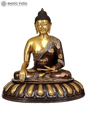 29" Buddha, His Hand In Bhumisparsha Mudra, The Lotus Throne Spreading Out Beneath Him In Brass | Handmade | Made In India