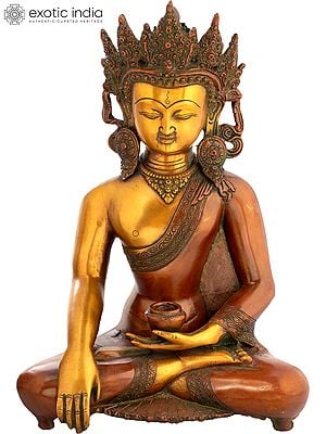 14" Buddha In Bhumisparsha Mudra, His Exquisite Crown And Karnaphool Standing Out In Brass | Handmade | Made In India