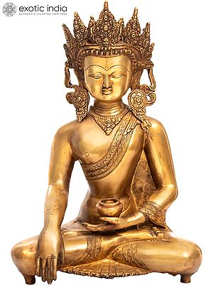 14" Buddha In Bhumisparsha Mudra, His Exquisite Crown And Karnaphool Standing Out In Brass | Handmade | Made In India