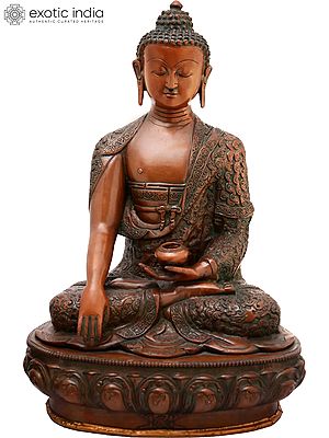 16" Lord Buddha in Bhumisparsha Mudra with Pindapatra (Robes Decorated with Chinese Auspicious Symbols, Dragons, Deer and Garuda) In Brass | Handmade | Made In India