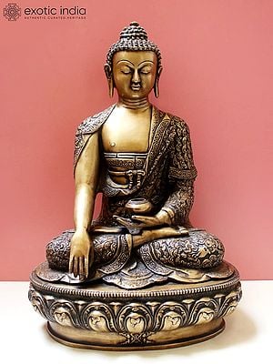 16" Lord Buddha in Bhumisparsha Mudra with Pindapatra (Robes Decorated with Chinese Auspicious Symbols, Dragons, Deer and Garuda) In Brass | Handmade | Made In India