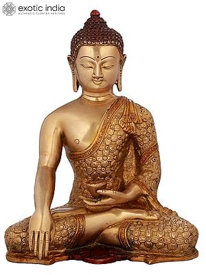 10" Brass Bhumisparsha Buddha Statue in Intrinsic Carved Robe | Handmade | Made in India