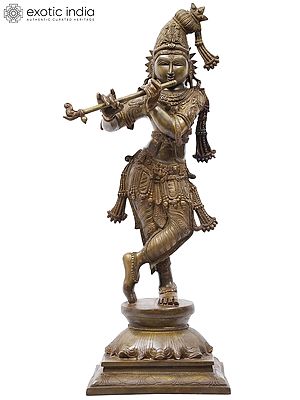 23" Tribhanga Murari (Krishna) Brass Statue Playing Flute | Handmade | Made in India