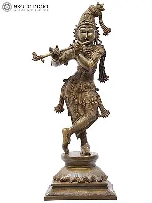 23" Tribhanga Murari (Krishna) Brass Statue Playing Flute | Handmade | Made in India