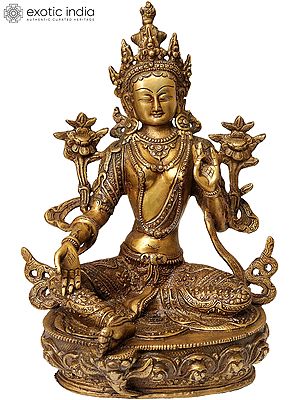 12" Green Tara Idol Seated Gracefully on A Lotus | Handmade Buddhist Deity Statues