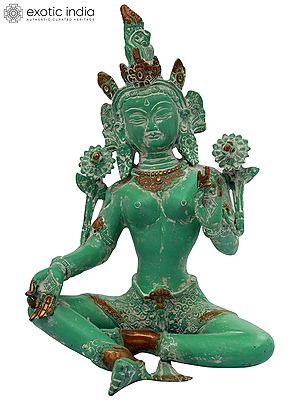 10" Steeped In Meditation, Green Tara's Soft, Silvery Beauty In Brass | Handmade | Made In India