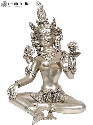 10" Steeped In Meditation, Green Tara's Soft, Silvery Beauty In Brass | Handmade | Made In India