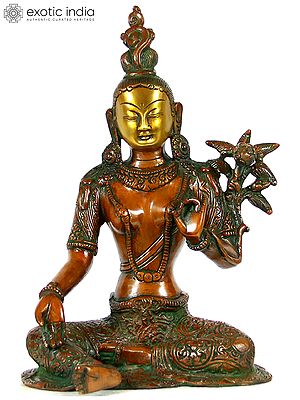 10" Seated Green Tara, Her Towering Crown In Sharp Contrast To Her Dangling Karnaphool In Brass | Handmade | Made In India