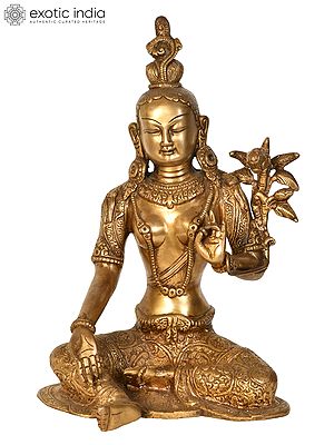 10" Seated Green Tara, Her Towering Crown In Sharp Contrast To Her Dangling Karnaphool In Brass | Handmade | Made In India