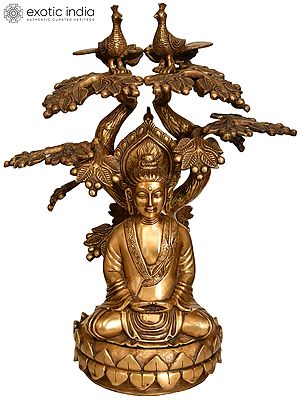 The Enlightened One, Seated Under The Symmetrically Sculpted Bodhi Tree In Brass | Handmade | Made In India