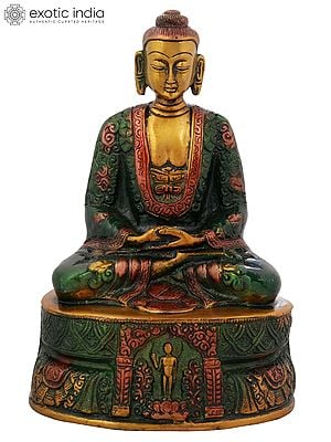 7" Buddha Seated On A High Pedestal, Engraved With A Haloed Figure Of Himself In Brass | Handmade | Made In India