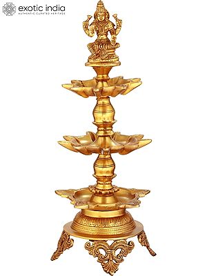 20" Goddess Lakshmi Twenty-Three Wicks Puja Lamp in Brass | Handmade | Made in India