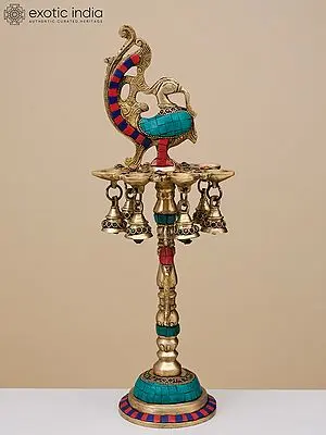 Decorative Brass Peacock Lamp with Bells - 17 Inch