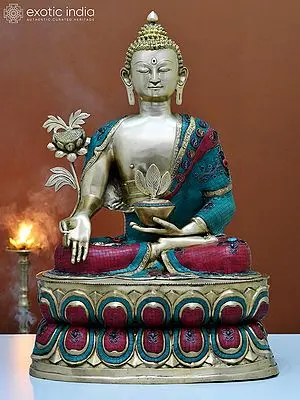 Medicine Buddha Sculpture: 38" Brass Figurine with Turquoise and Red Inlay