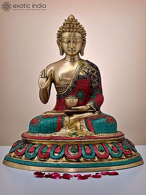 16" Brass Gautam Buddha Preaching His Dharma with Inlay Work | Handmade