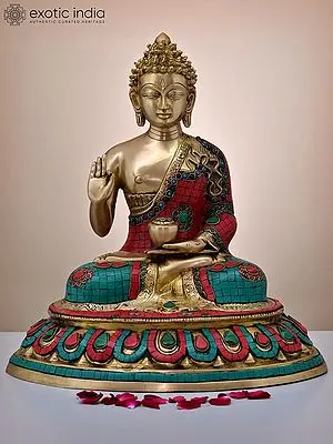 Brass Statue of Gautam Buddha Teaching Dharma (16") with Stone Inlay