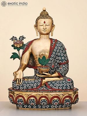 34" Large Brass Medicine Buddha with Inlay Work | Handmade