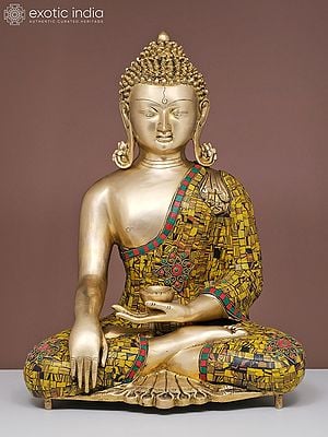 20" Brass Bhumisparsha Buddha with Inlay Work | Handmade