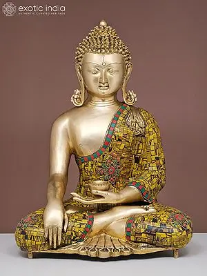 Brass Bhumisparsha Buddha Sculpture with Mosaic Inlay