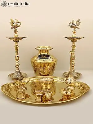 Complete Brass Puja Set with Nirai Kudam and Lamps